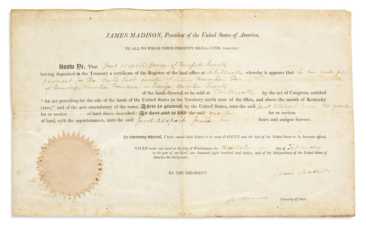 MADISON, JAMES. Partly-printed vellum Document Signed, as President,